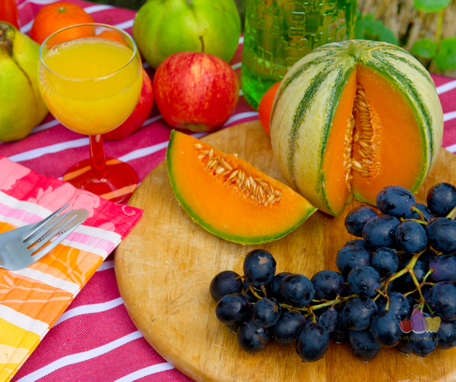 grapes, cantelope, apples, oranges