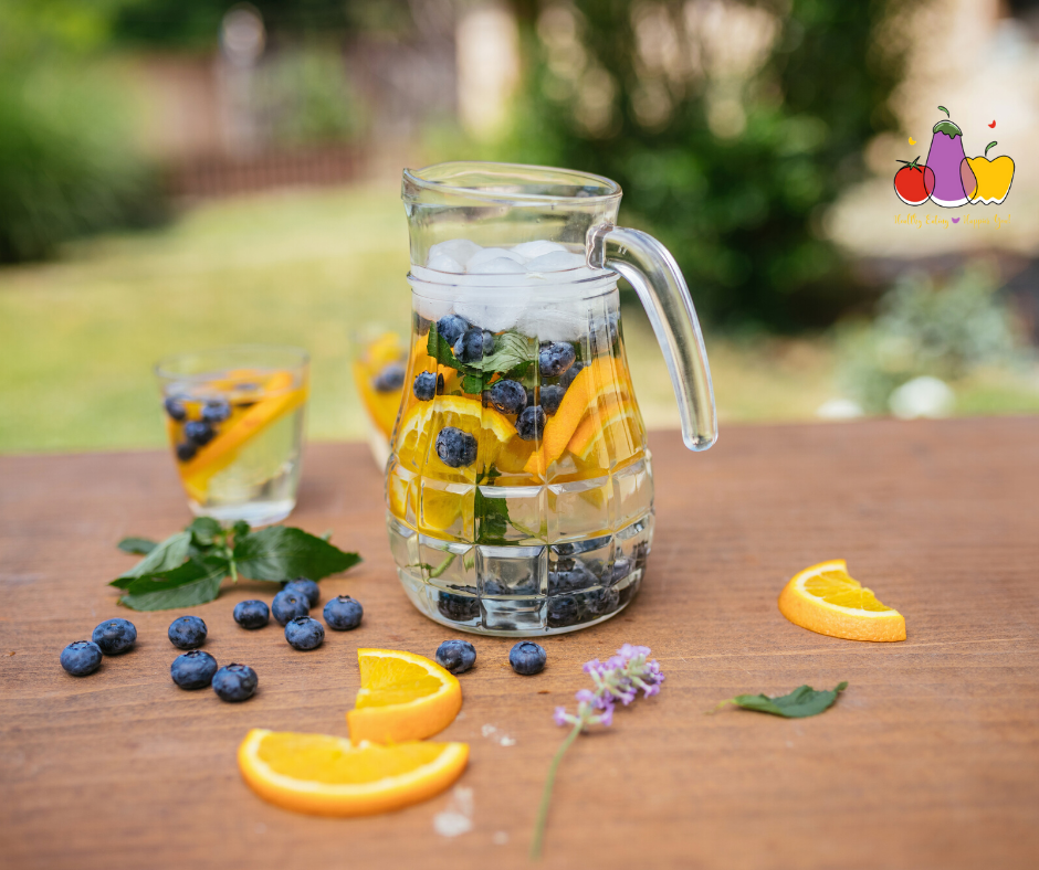 Infused water with blueberries, oranges, mint and lavender.